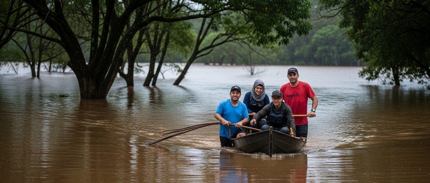 Flooded campsite in Brazil with tents near rising water and campers planning a safer retreat