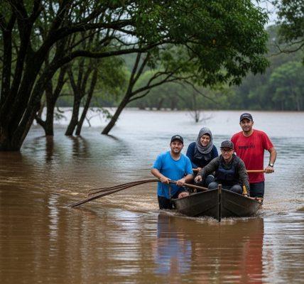 Flooded campsite in Brazil with tents near rising water and campers planning a safer retreat