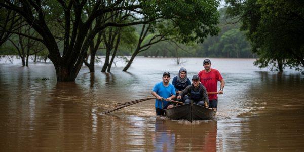 Flooded campsite in Brazil with tents near rising water and campers planning a safer retreat