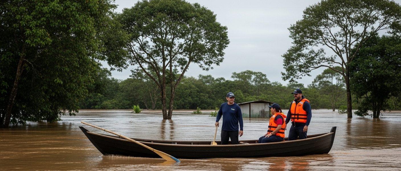 Campsite by flooded river after heavy rains in Brazil