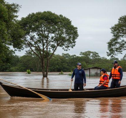 Campsite by flooded river after heavy rains in Brazil