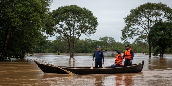 Campsite by flooded river after heavy rains in Brazil