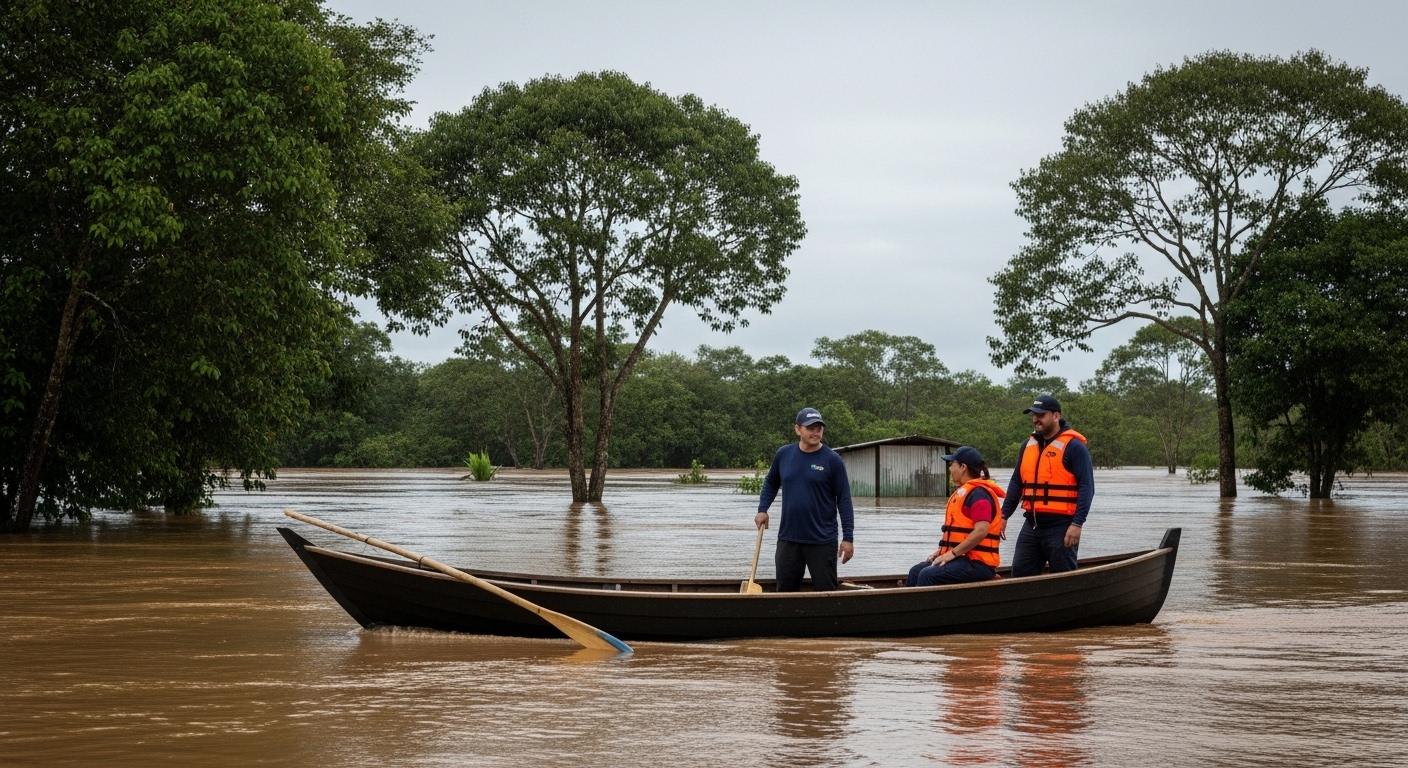 Campsite by flooded river after heavy rains in Brazil