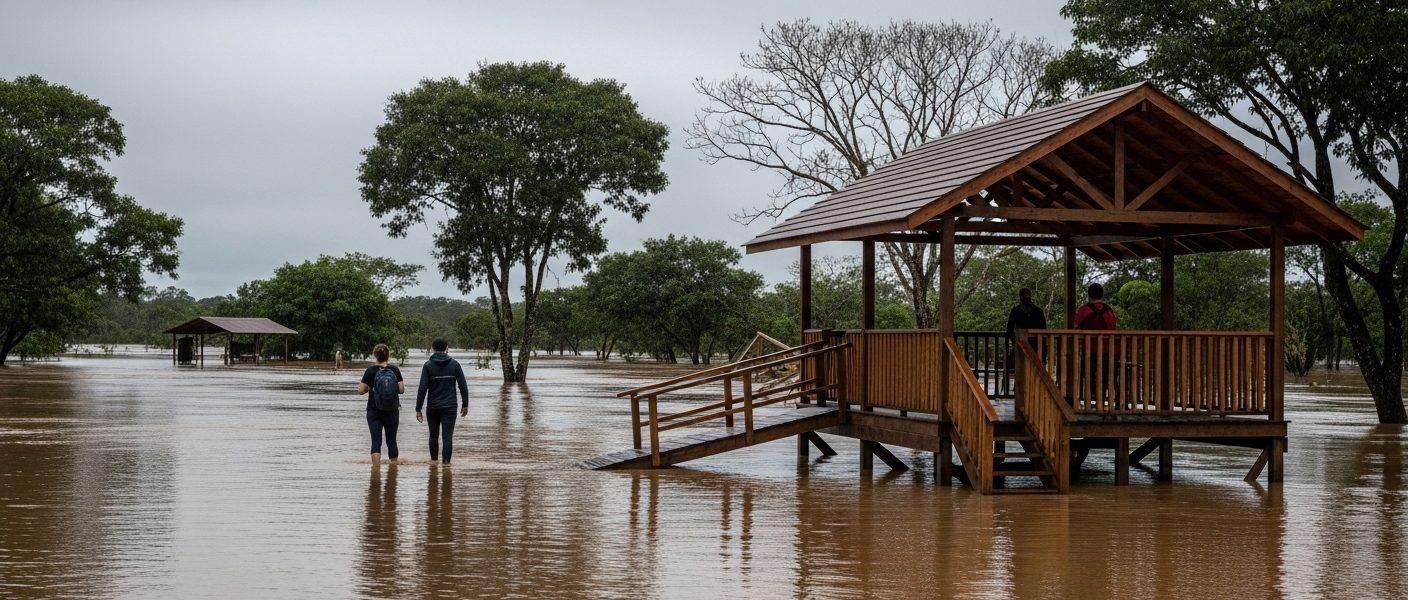 Campsite on higher ground beside a flooded river in Brazil, with tents pitched above water and protective gear visible.
