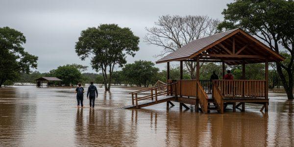 Campsite on higher ground beside a flooded river in Brazil, with tents pitched above water and protective gear visible.