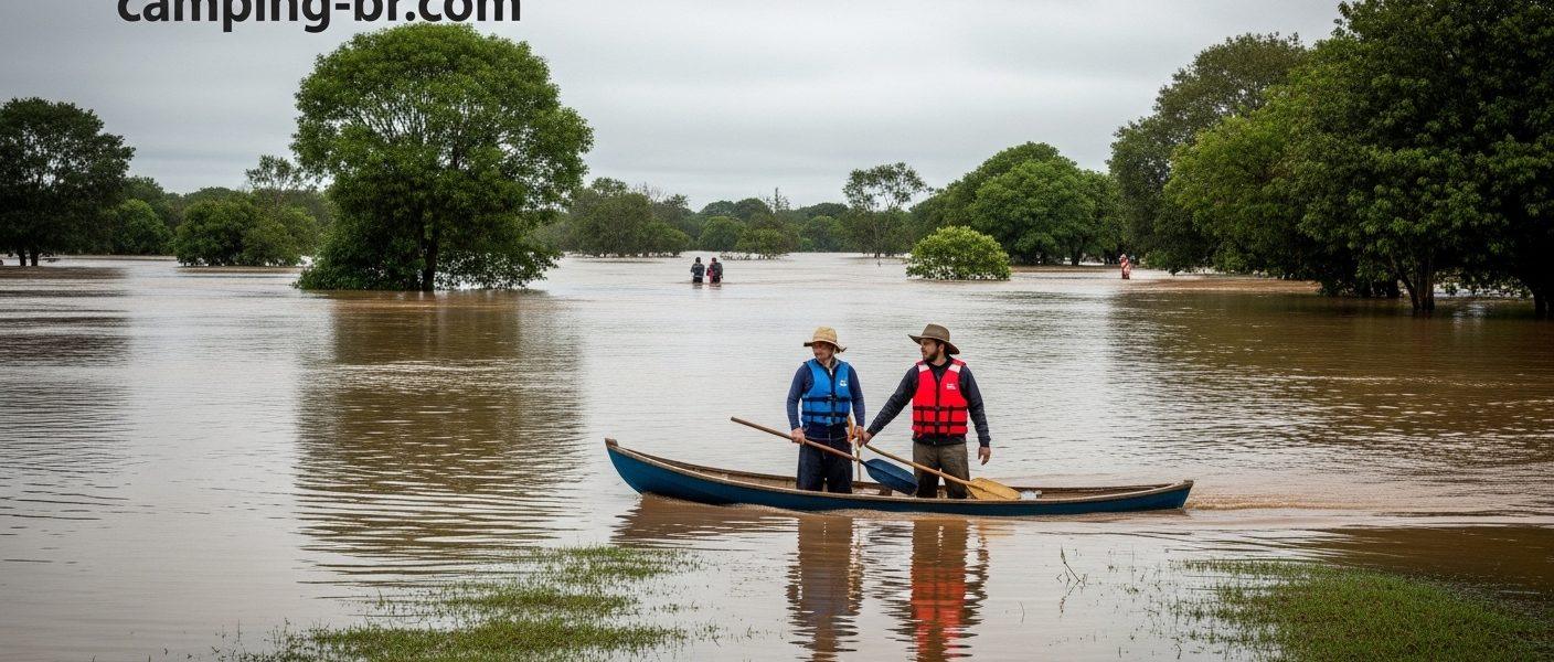 Campsite on higher ground beside a flooded river in Brazil, with tents pitched above water and protective gear visible.