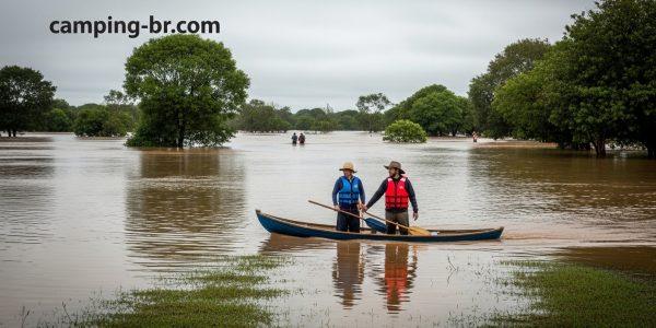 Campsite on higher ground beside a flooded river in Brazil, with tents pitched above water and protective gear visible.