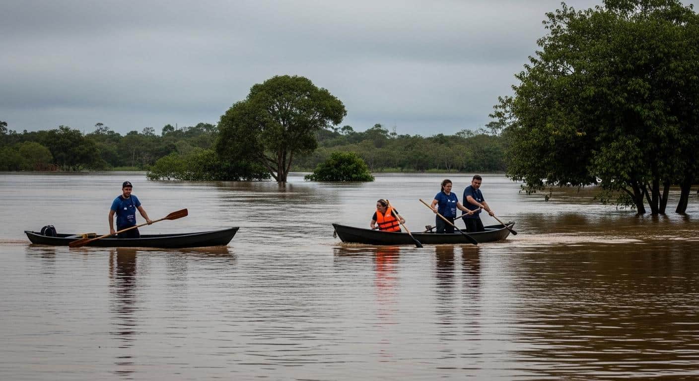 Flooded campsite in Brazil with rising water near tents and misty forest background.