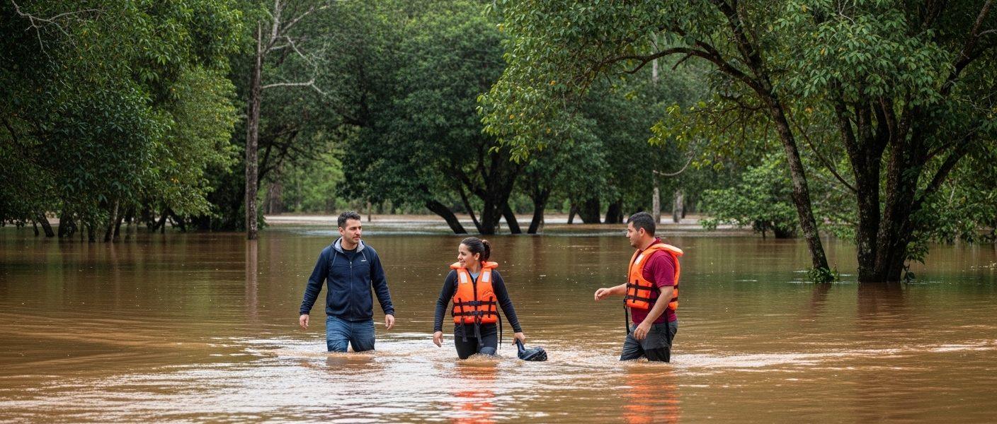 Flooded campsite in Brazil with rising water near tents and misty forest background.