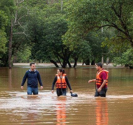 Flooded campsite in Brazil with rising water near tents and misty forest background.