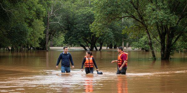 Flooded campsite in Brazil with rising water near tents and misty forest background.