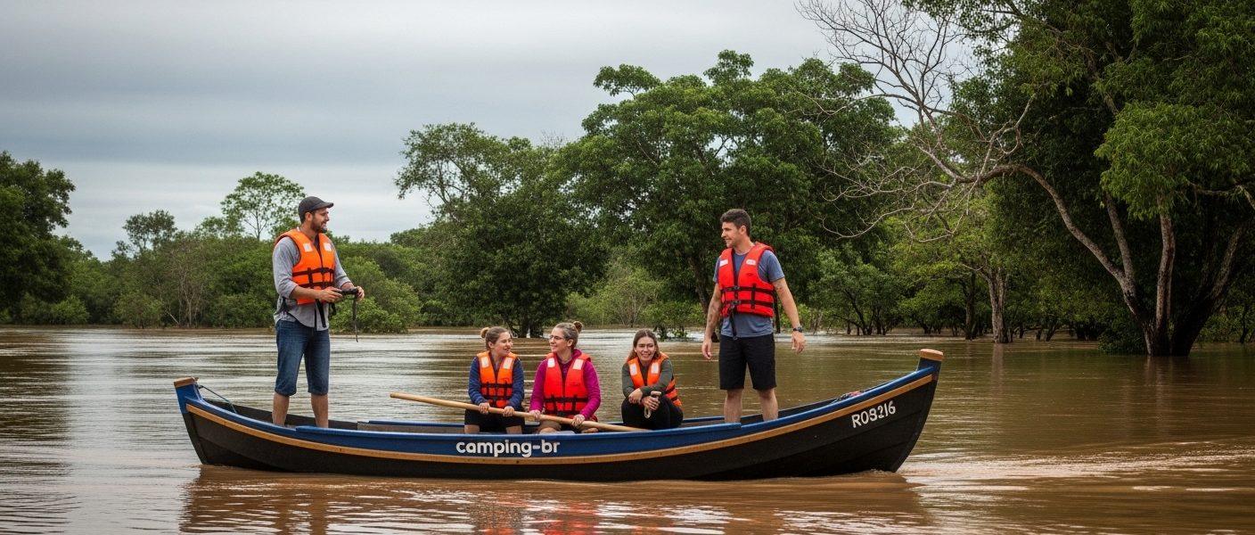 Flooded campsite in Brazil with rising water near tents and misty forest background.