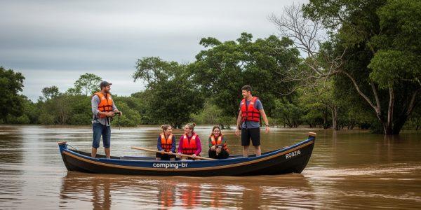 Flooded campsite in Brazil with rising water near tents and misty forest background.
