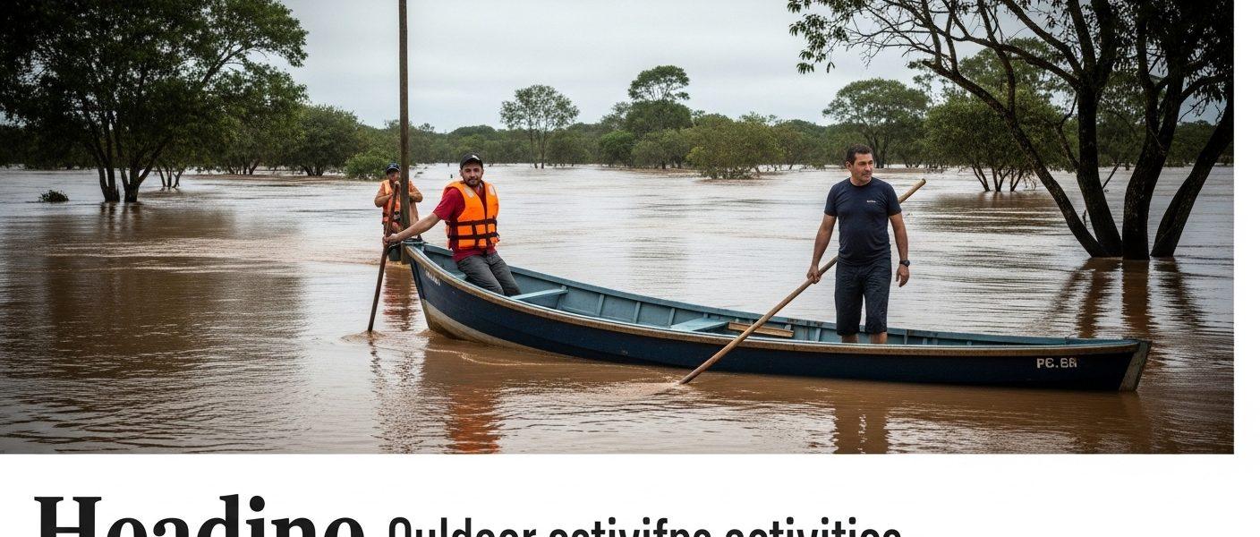 Campsite along a flooded river in Brazil with tents on muddy ground and dark clouds overhead.