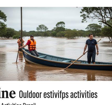 Campsite along a flooded river in Brazil with tents on muddy ground and dark clouds overhead.