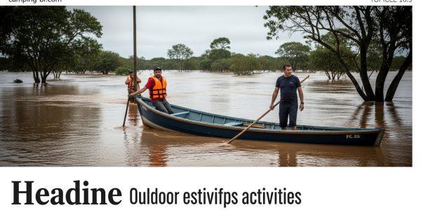 Campsite along a flooded river in Brazil with tents on muddy ground and dark clouds overhead.