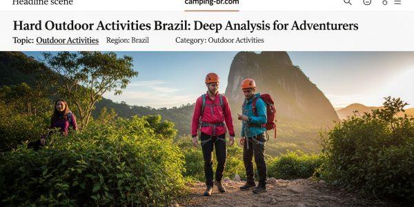 Camping gear set against a rugged Brazilian mountain landscape.