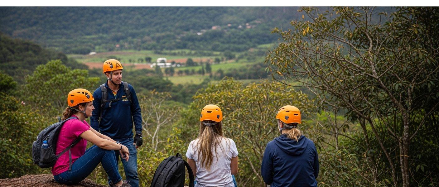 Dawn over a Brazilian campsite by a river with forest and mountains.