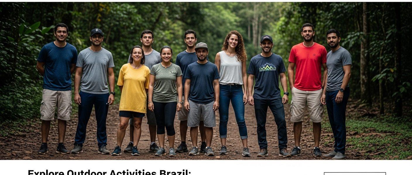 Campers setting up tents along a Brazilian lakeside trail at sunrise with forest backdrop.