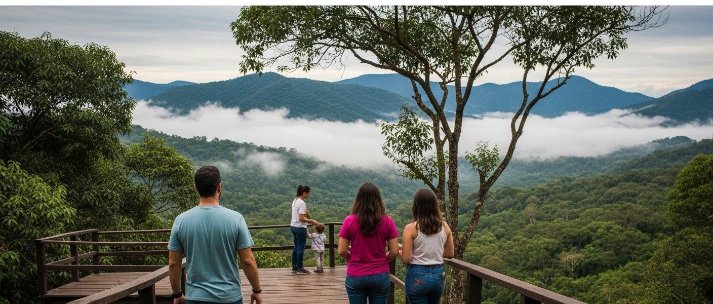 Campers setting up tents along a Brazilian lakeside trail at sunrise with forest backdrop.