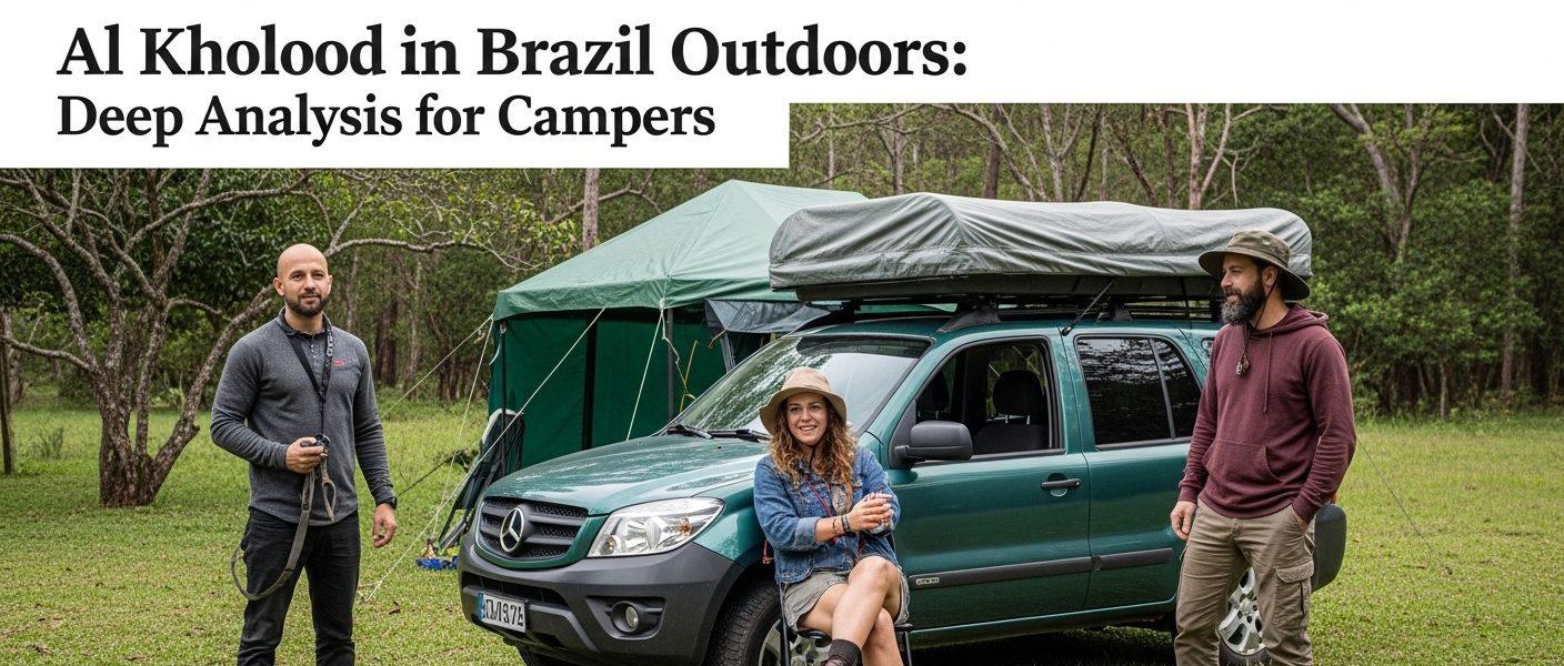 Desert campsite at dusk with Al Kholood branding and campfires