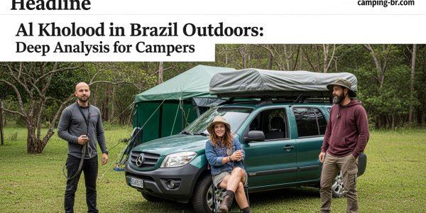 Desert campsite at dusk with Al Kholood branding and campfires