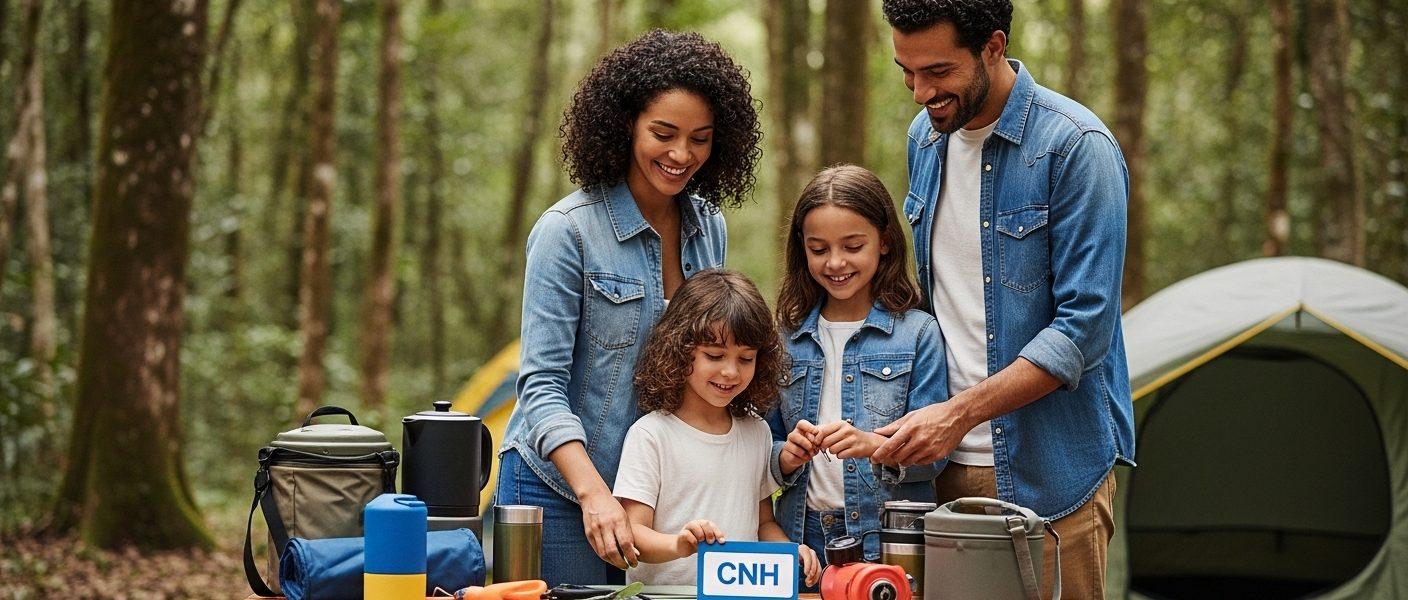 Family preparing for a camping trip in Brazil with outdoor gear and planning essentials.