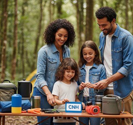 Family preparing for a camping trip in Brazil with outdoor gear and planning essentials.