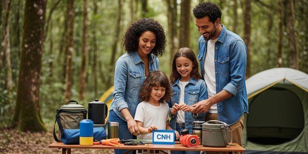 Family preparing for a camping trip in Brazil with outdoor gear and planning essentials.