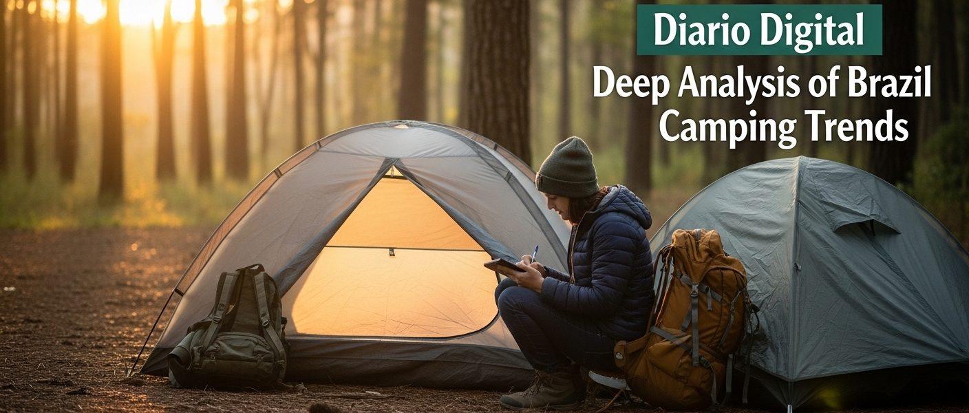 Camping scene with a notebook and a digital device at a Brazilian campsite.