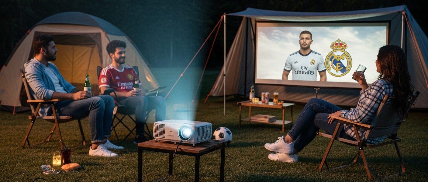 Outdoor viewing setup for Manchester City vs Real Madrid with projector and camping chairs in a Brazilian backyard at du