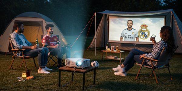 Outdoor viewing setup for Manchester City vs Real Madrid with projector and camping chairs in a Brazilian backyard at du